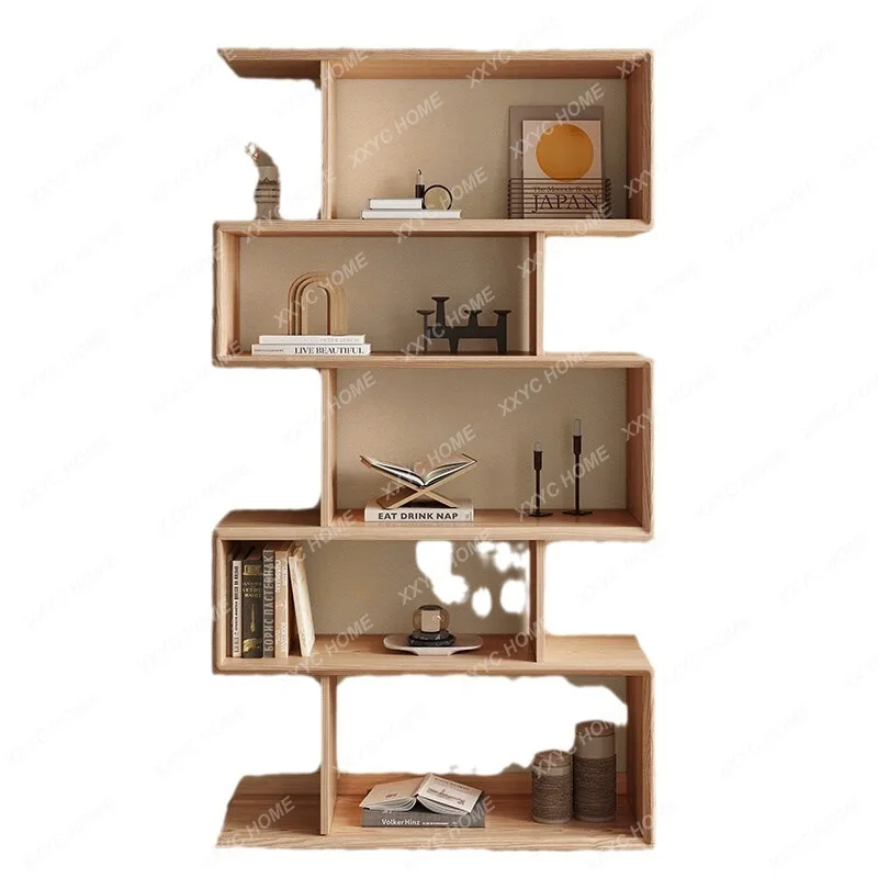 

White Wax Wood Solid Wood Bookshelf Floor Shelf Household Bookcase