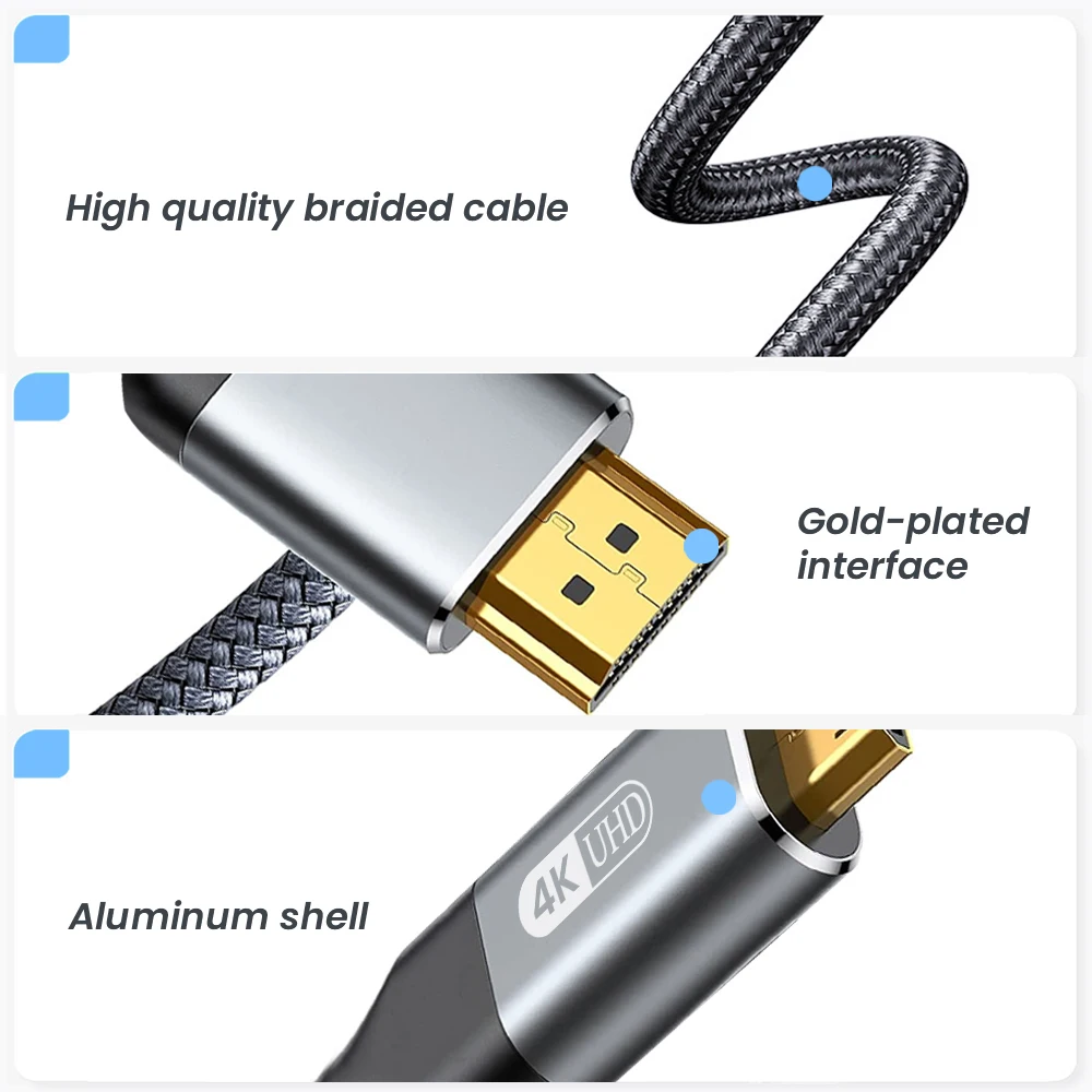 Mini HDMI to HDMI Cable 10FT 3m High Speed 4K 60Hz HDMI 2.0 Cord Aluminum Shell Braided  HDMI to Mini HDMI Cable Bi-Directional