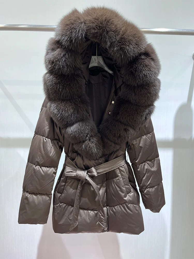 2025 moda inverno feminino 90% ganso para baixo jaqueta natural gola de pele de raposa real com capuz grosso quente luxo pele puffer parka casaco