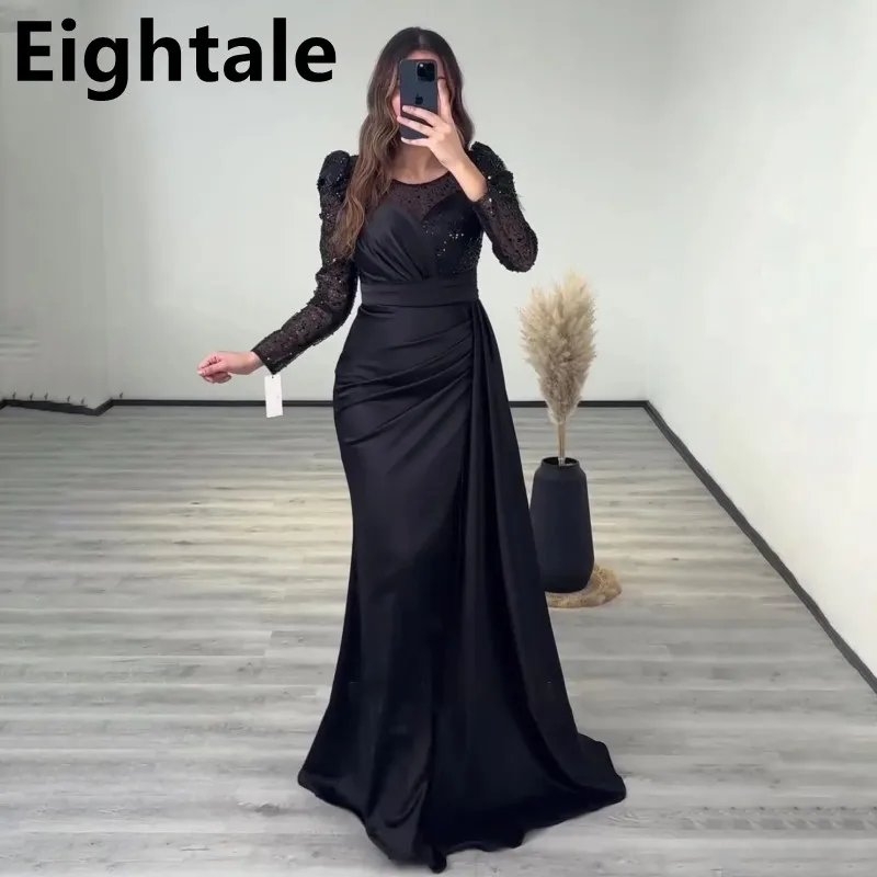 Black Long Sleeve Sequin Mermaid Evening Dress For Wedding Party Sexy Slit Formal Prom Dress Dubai Party Gown Customized