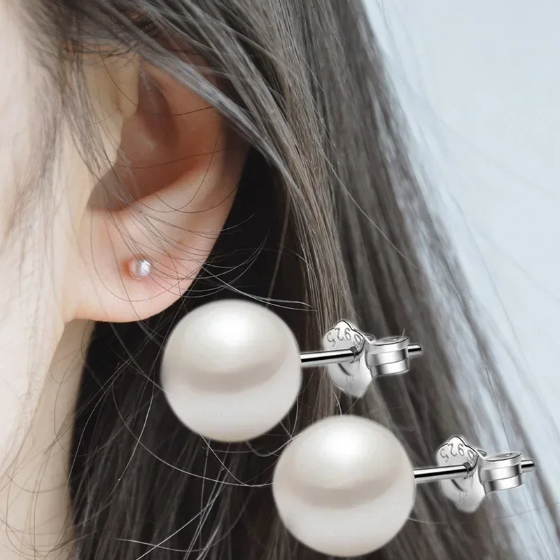2024 new Silver Sterling Silver 6mm/8mm/10mm Freshwater Cultured Pearl Button Ball Stud Earrings For Women As Best Gifts Jewerly