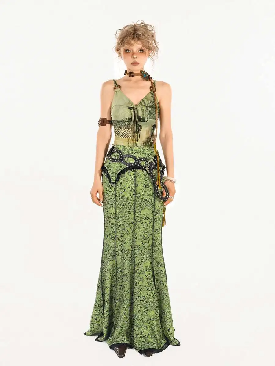 Nepal Green Plant Printing Suspenders Vest Tops Womens fashion Summer Wearing Outside Hottie Wrap The Buttocks Skirt