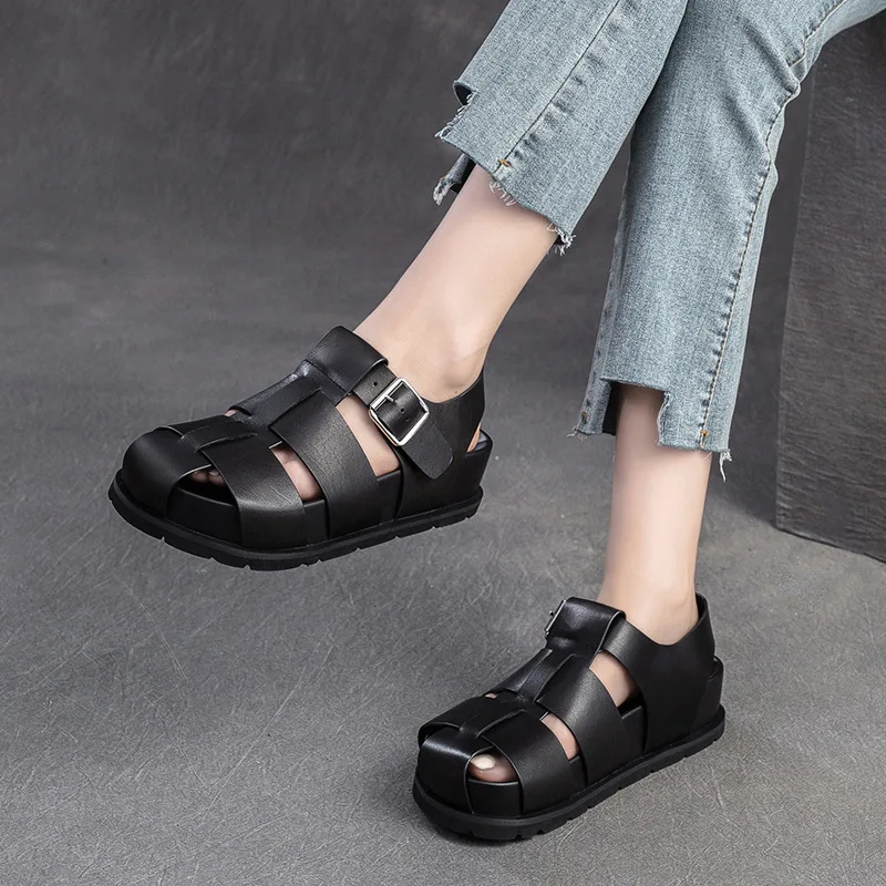 Koznoy 4.5cm Weave Cow Genuine Leather Sandals Mary Jane Platform Wedge Summer Women Fashion Ankle Booties Round Buckle Shoes