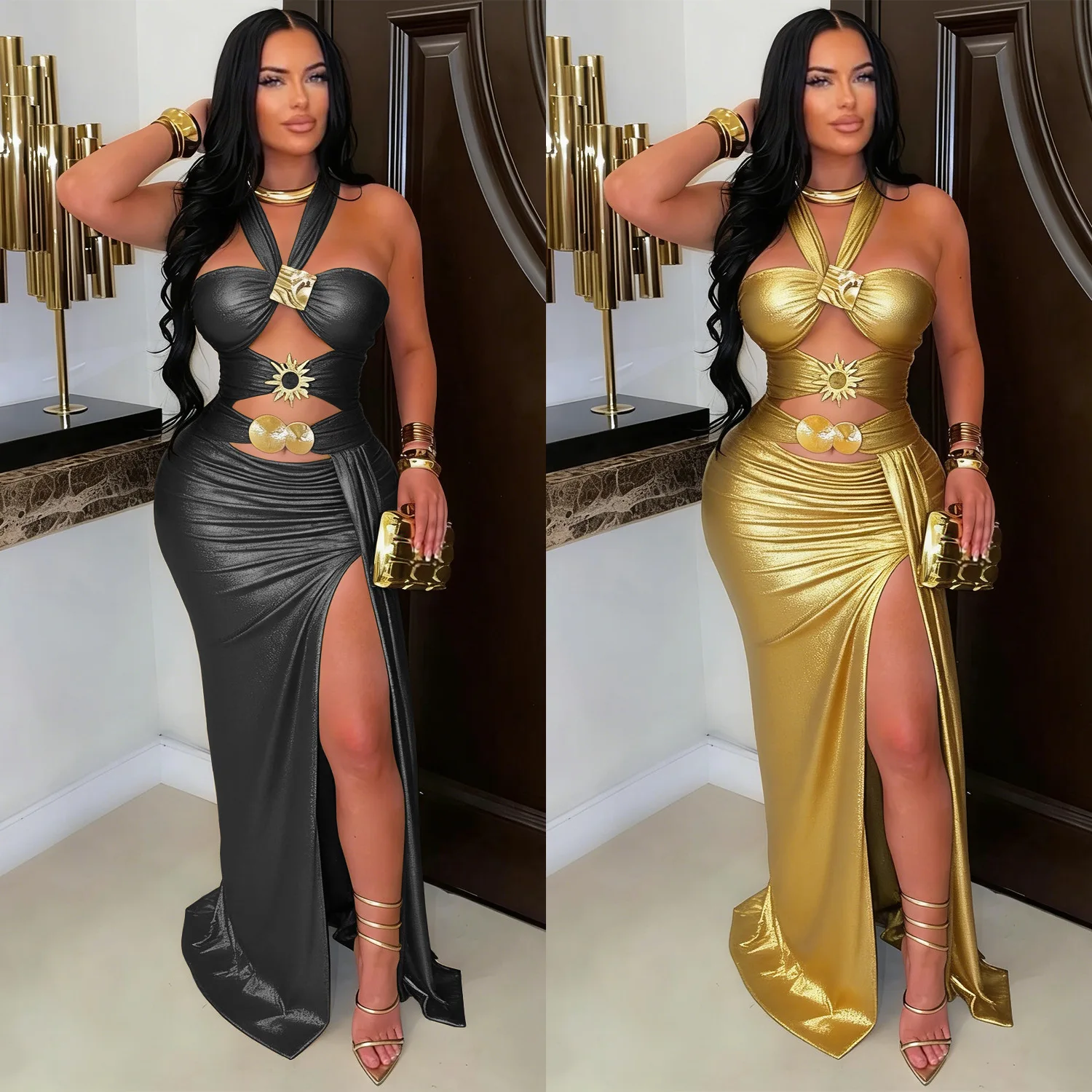 

Halter Metallic Shiny Dress Club Party Evening Dresses 2026 Women Summer Clothes Luxury Outfits Sexy Bodycon Maxi Party Dress