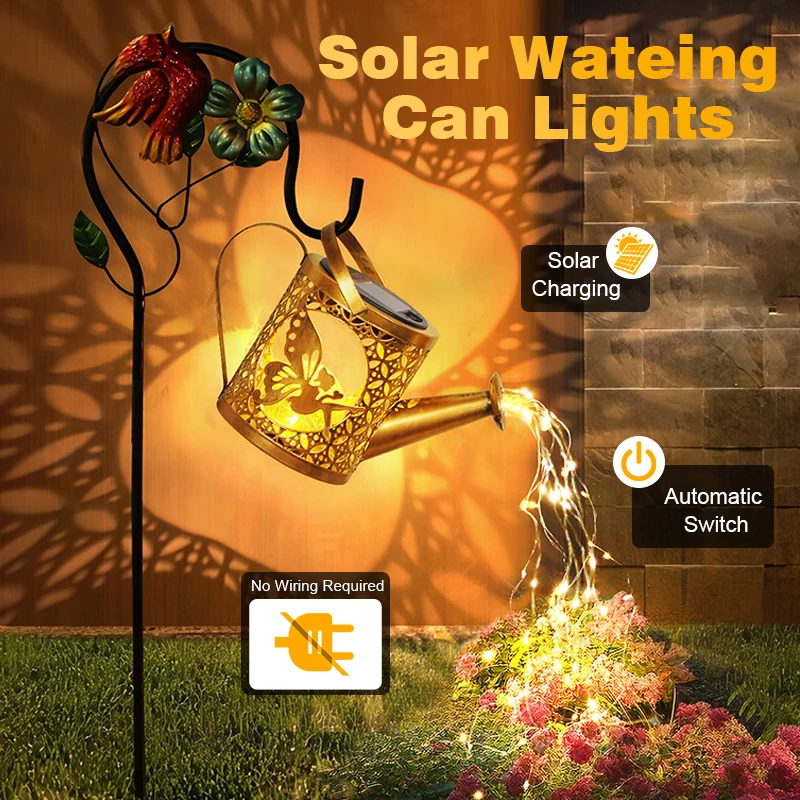  Solar Watering Can with Lights, Waterproof Solar Lantern with Butterfly Shepherd Hook, Hanging Garden Lights for Patio Lawn