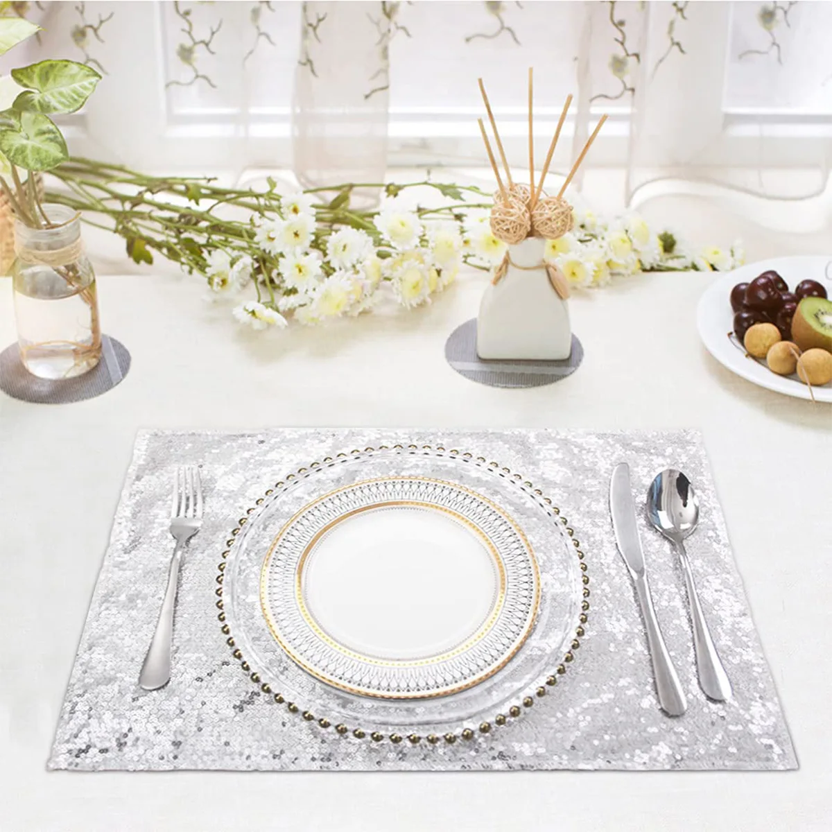 CX 5PCS sequin embroidery solid color placemat European polyester placemat Hotel restaurant Western placemat