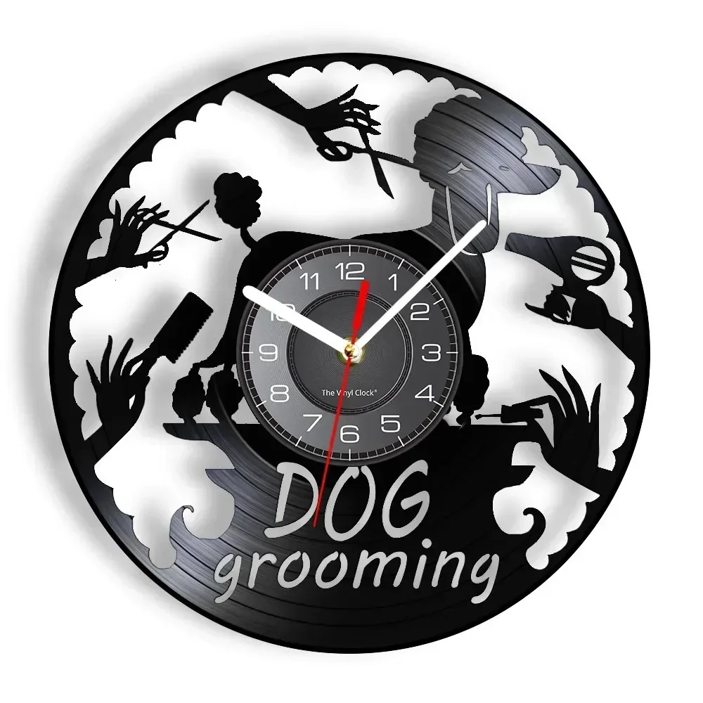 Pet Dog Beauty Salon Logo Vinyl Record Wall Clock Dog Pet Shop Decoration Dog Grooming Haircutting Nail Art Retro Wall Watch
