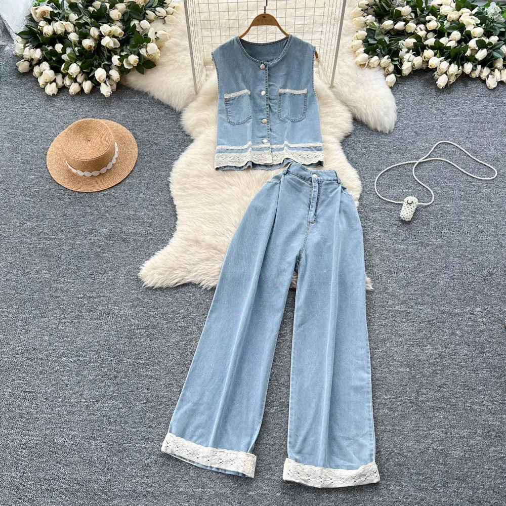 

Design Sense Lace Stitching Denim Two-piece Set.summer Round-neck Sleeveless Single-breasted Top+high-waisted Wide-leg Pants