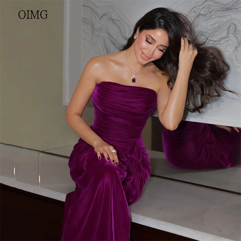 

OIMG Simple Purple Strapless Mermaid Prom Gowns Backless Party Gown Velvet Floor Length Evening Dress 2026 Customized