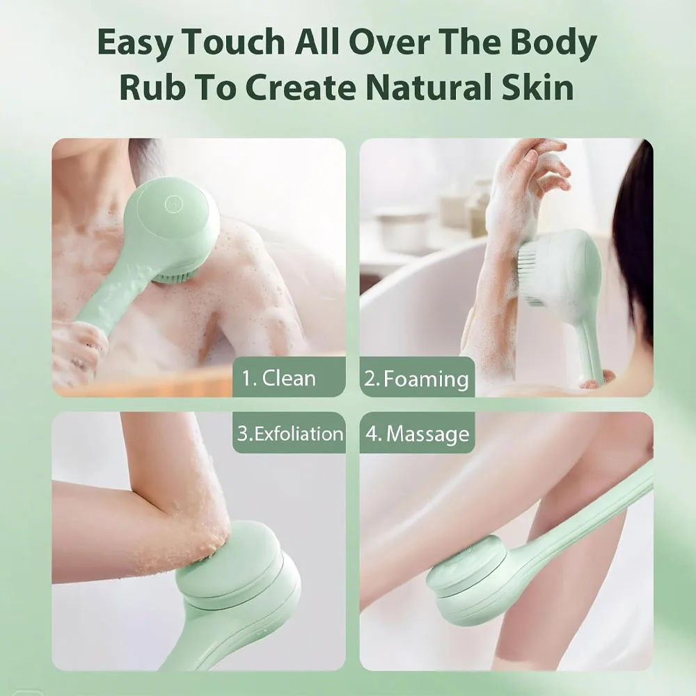 Electric Body Brush with 4 Heads,Back Scrubber for Shower, Waterproof Long Dual Handle Power Body Scrubber, Bath Brush for Clean image 6
