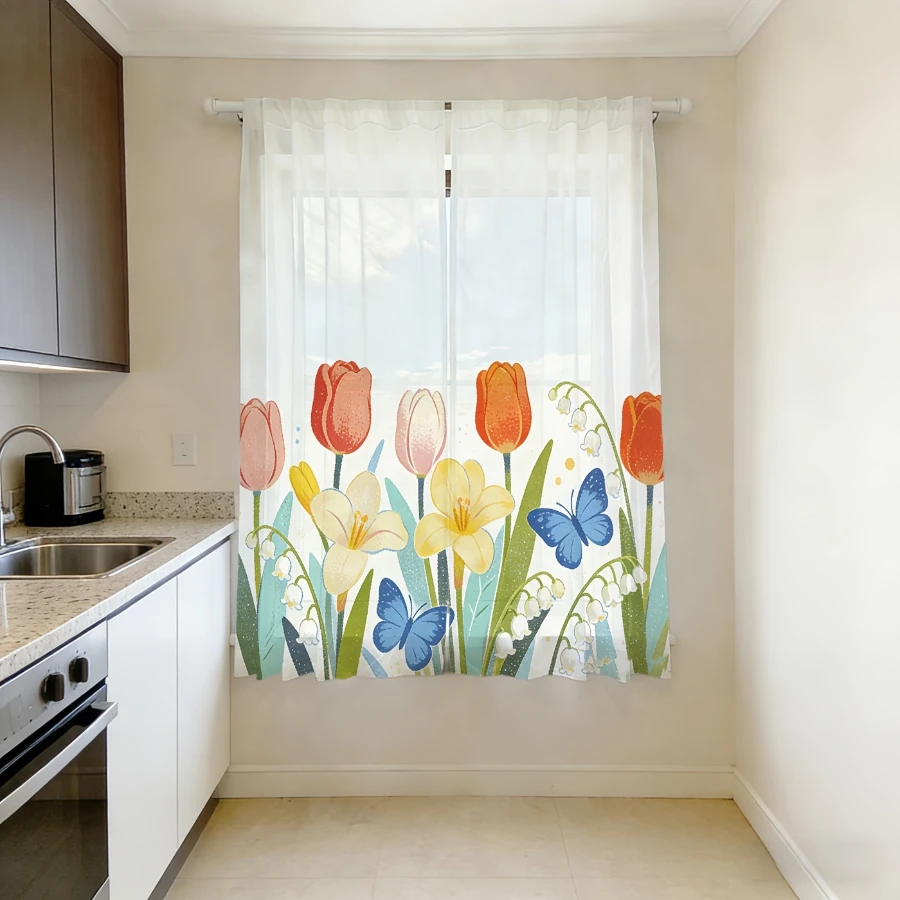 2PCS Digital Print Sheer Curtain, Pink Orange Tulip, Modern Minimalist Window Curtains for Living Room Bedroom Home Decor