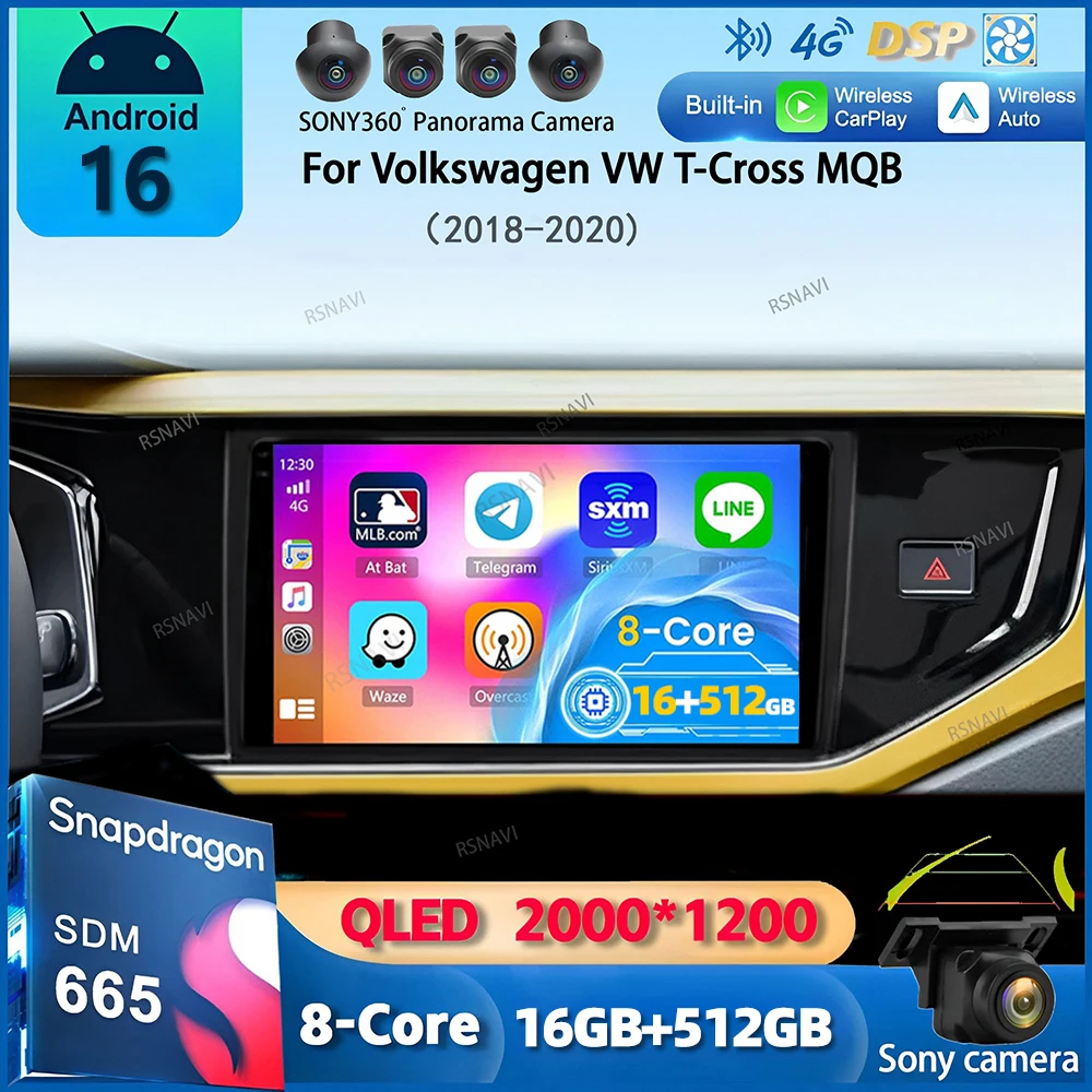 

Android 16 Carplay Auto Car Radio For Volkswagen VW T-Cross MQB 2018 2019 2020 GPS Multimedia Player Stereo video WIFI+4G DSP BT