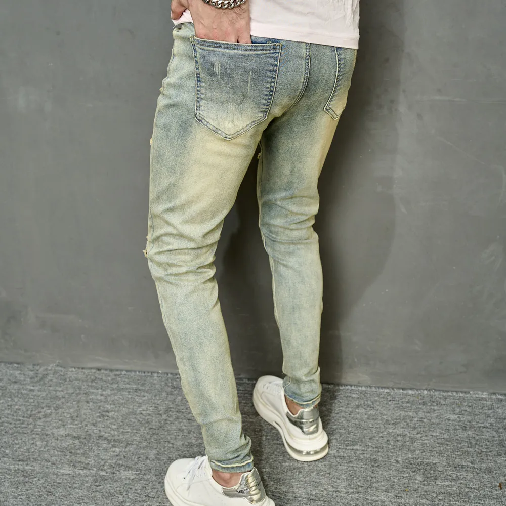 Spring Men Vintage Ripped Skinny Pencil Jeans Pants Hip Hop Stylish Holes Male High Street Slim Casual Denim Trousers