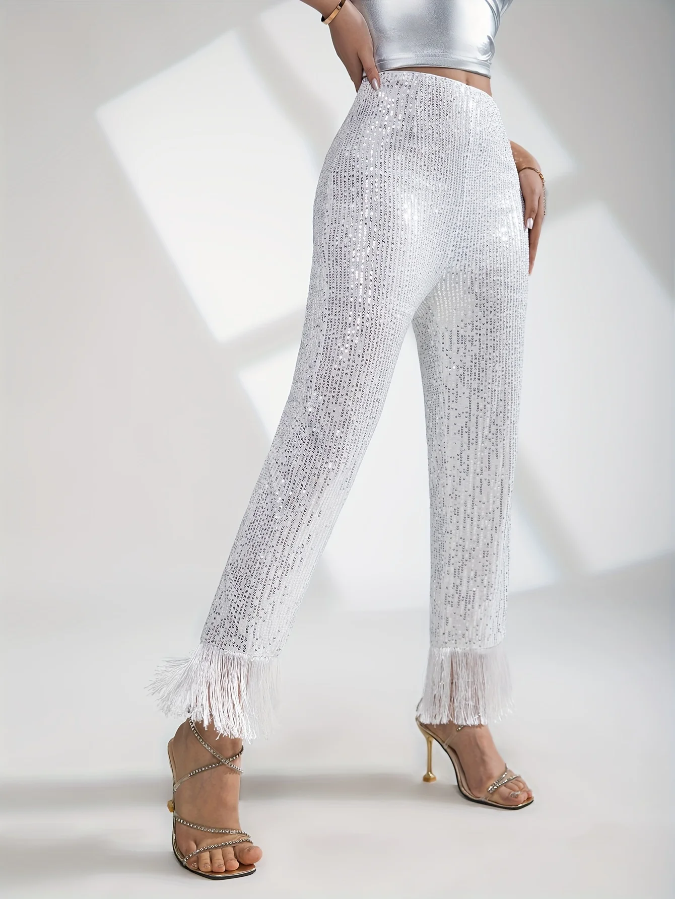 White & Silver Chic All-season Sparkling Sequin Fringe Slim Bling Pants with Elastic Waist - Spring & Summer Elegance 70S Disco