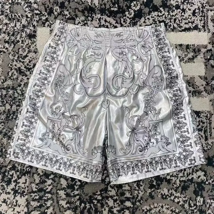 Pantalones de playa para hombre, Shorts informales elásticos, de secado rápido, con estampado de patrón de moda de Metal plateado, novedad de verano