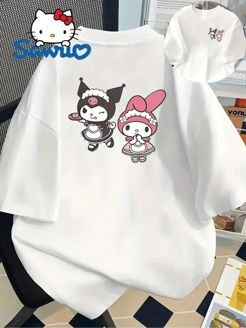 

Sanrio Kuromi My Melody Maid Outfit Print Cotton Tee Trendy Printed Brand Pure Cotton T-shirt Short Sleeve Unisex Round Neck
