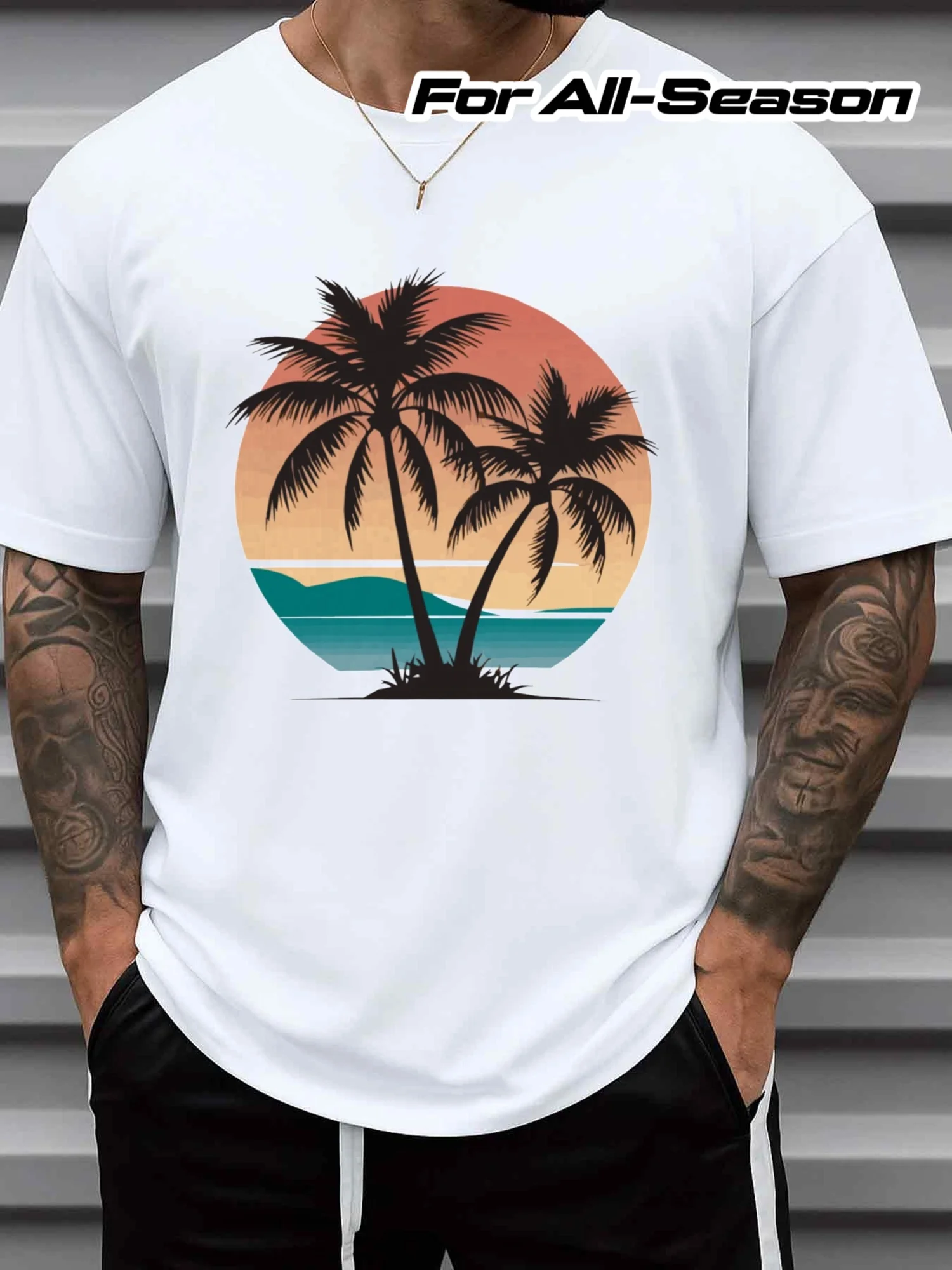 Men's Pure Tropical Palm Tree Print T-Shirt - White Short Sleeve Casual Summer Beach Wear, Digital Print Round Neck Sports Vacation Top, Machine Washable for All Seasons