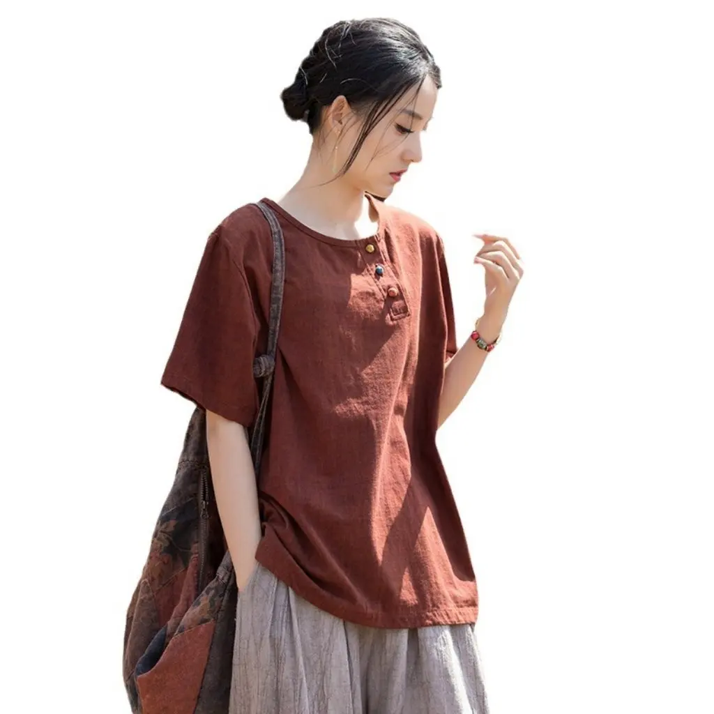 

Women's Autumn Cotton Linen Blend T-Shirt Knitted Print Distressed Modified Button Style Casual Top for Ladies