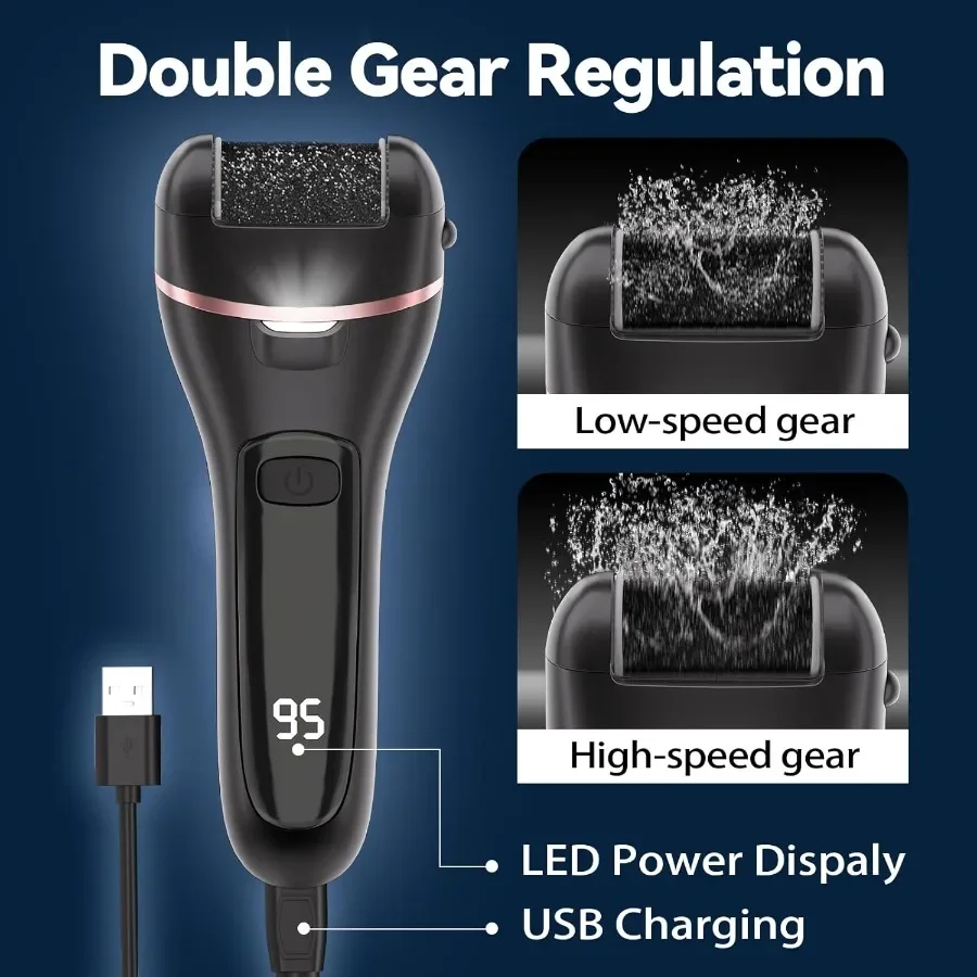 전동 발 각질 제거기 (3개 롤러 헤드, 2단 속도 조절, 충전식, 방수, 전문 페디큐어 키트, 17가지 기능 포함)