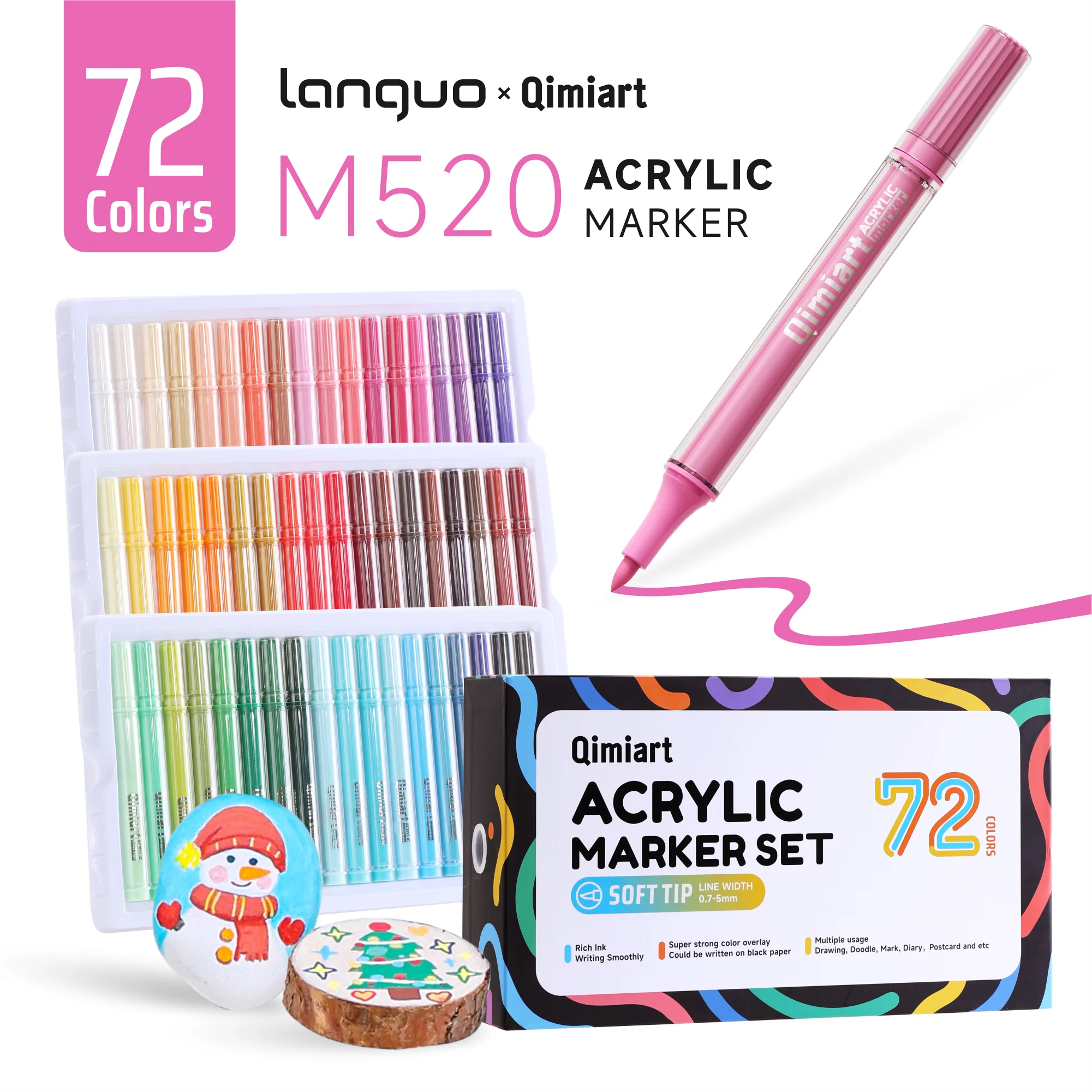 72/126 Color Acrylic Marker Set, Nylon Soft Tip, Customizable Line Thickness, Line Width 0.7-5mm, Outline Drawing, Super Strong Color Coverage, Large Ink Capacity, for Drawing, Graffiti, Marking, and Journaling