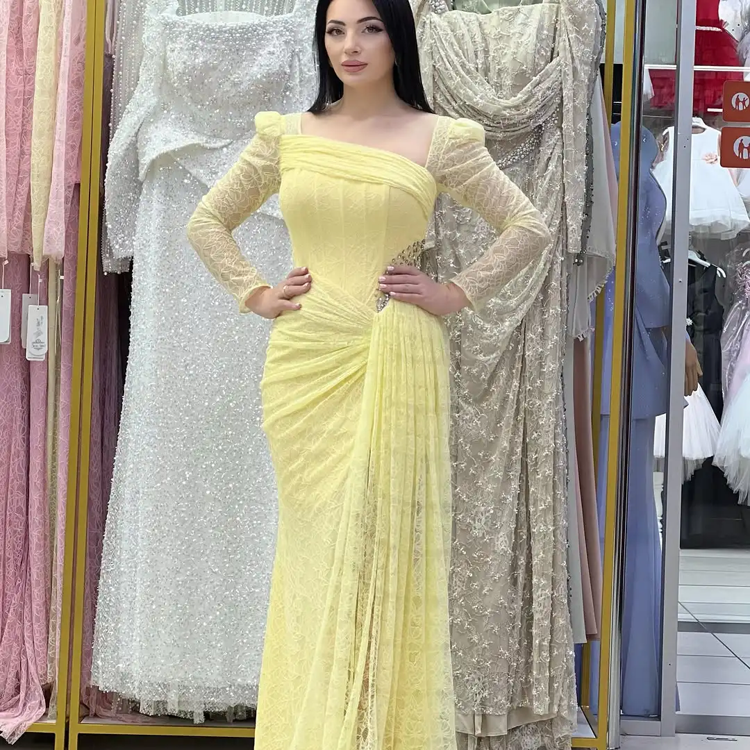 Customized Bright Yellow Mermaid Evening Gown Featuring Asymmetric Square Neckline Small Puff Shoulder Long Sheer Mesh Sleeves