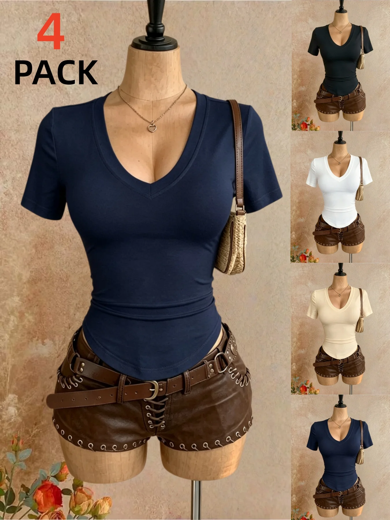 4 Pack Women V Neck Short Sleeve Top Curved Hem Slim Fit Crop Tee Y2K Sexy Casual Street Basic Shirt