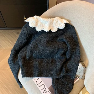 Francês peter pan colarinho cardigans de luxo rendas até fino chique feminino nova malhas 2023 outono inverno streetwear moda japonesa 10 principais vendas sueter gola peter pan - №3