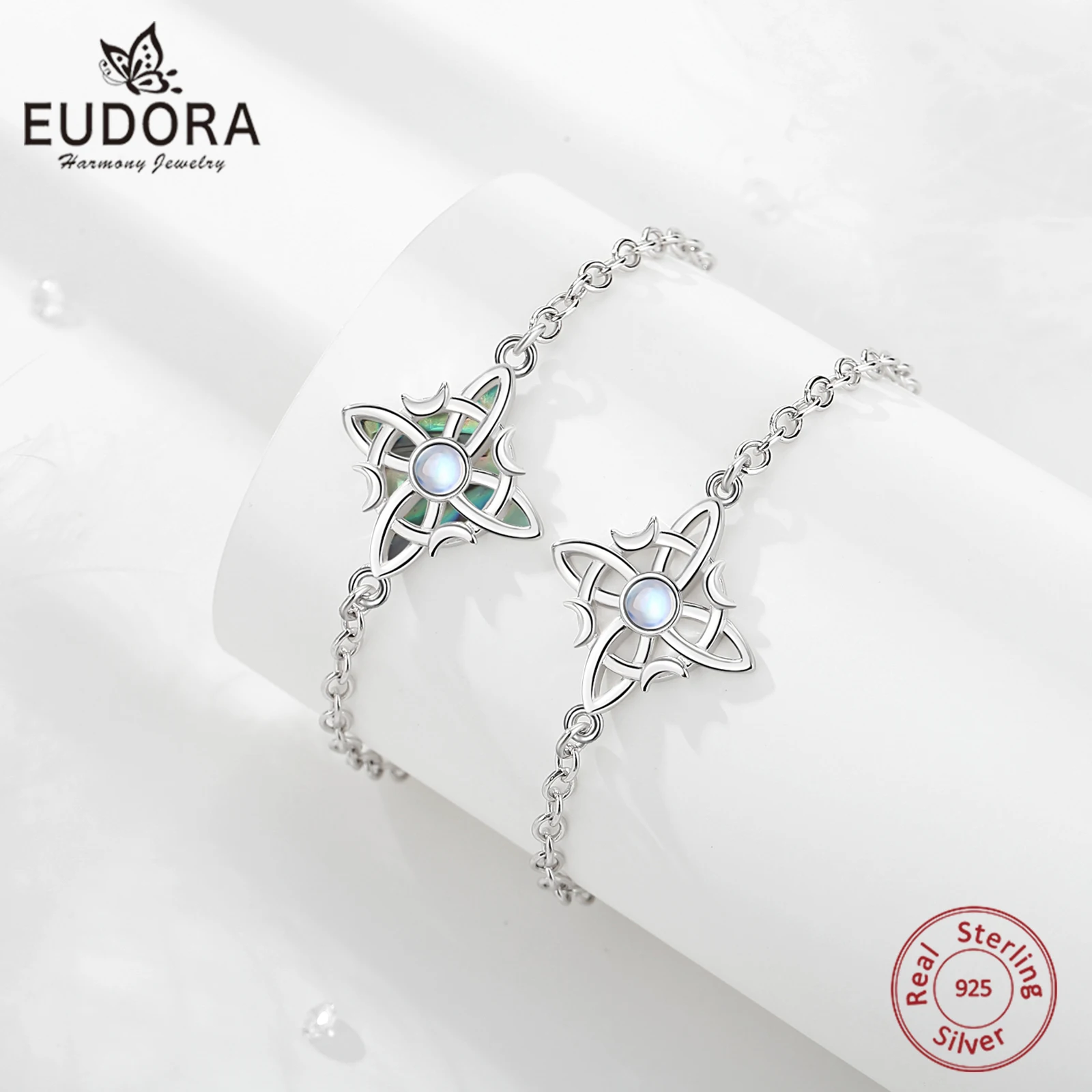 Eudora-pulsera con nudo de bruja de Plata de Ley 925, amuleto de nudo celta irlandés de piedra lunar, pulsera de cadena, joyería Wicca, regalo para mujer