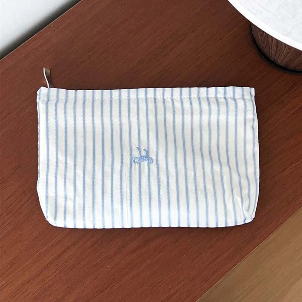 Classic Stripes Makeup Pouch Embroidered Pattern Soft Canvas Cosmetic Organizer Lightweight Smooth Zipper Toiletry Bag