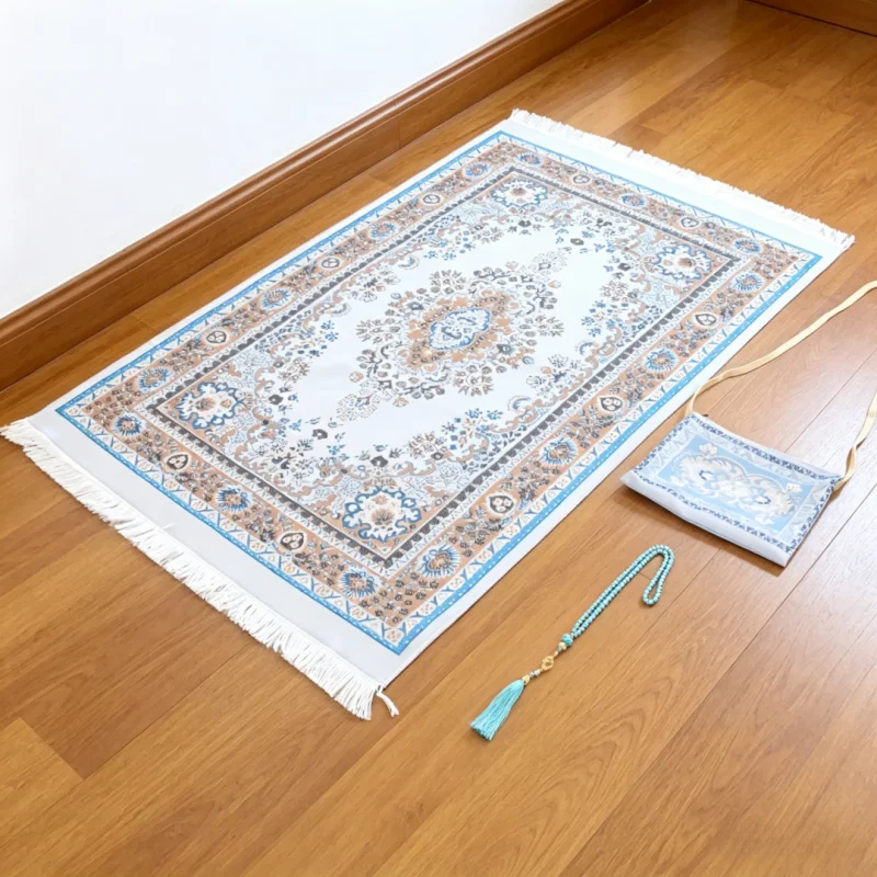 Ramadan Eid Hajj Muslim Gift Set Soft Turkish Prayer Rug Complete With Prayer Beads Portable Carry Bag Islamic Worship Mat