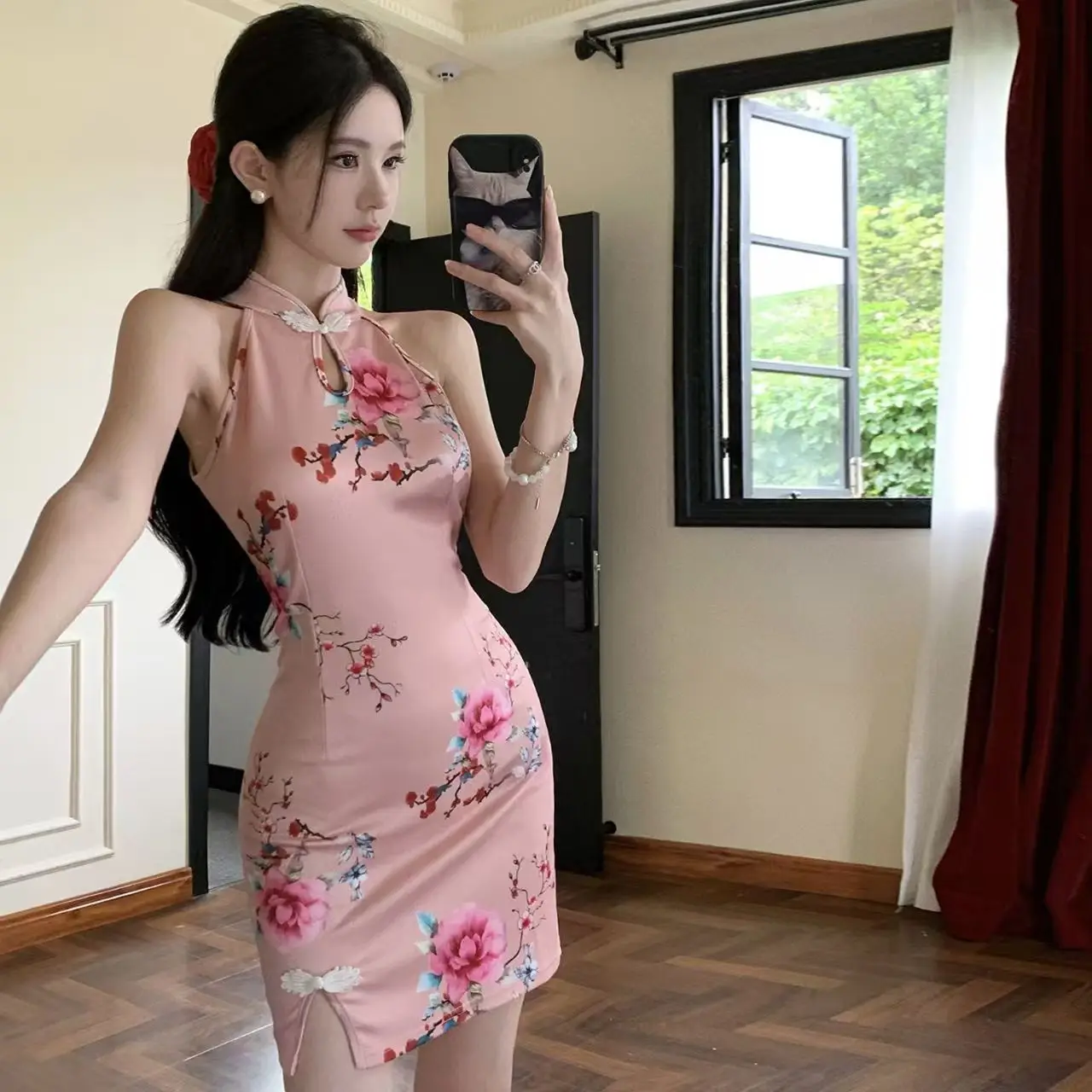New Chinese Style Qipao, Off Shoulder Halter Neck Hanging Dress, Floral Print Bodycon Slim Fit Sleeveless Robe Cheongsam Femme