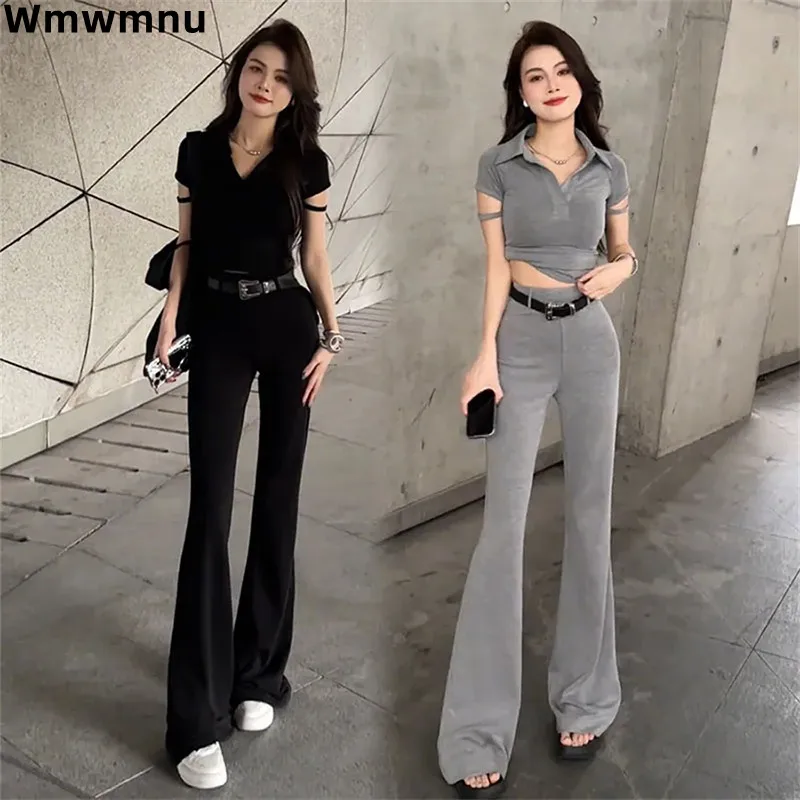 Summer Slim Fashion Two Piece Sets Short Sleeve Cropped Tops Conjunto High Waist Flare Pants Suit Women Casual Strecth Ensemble