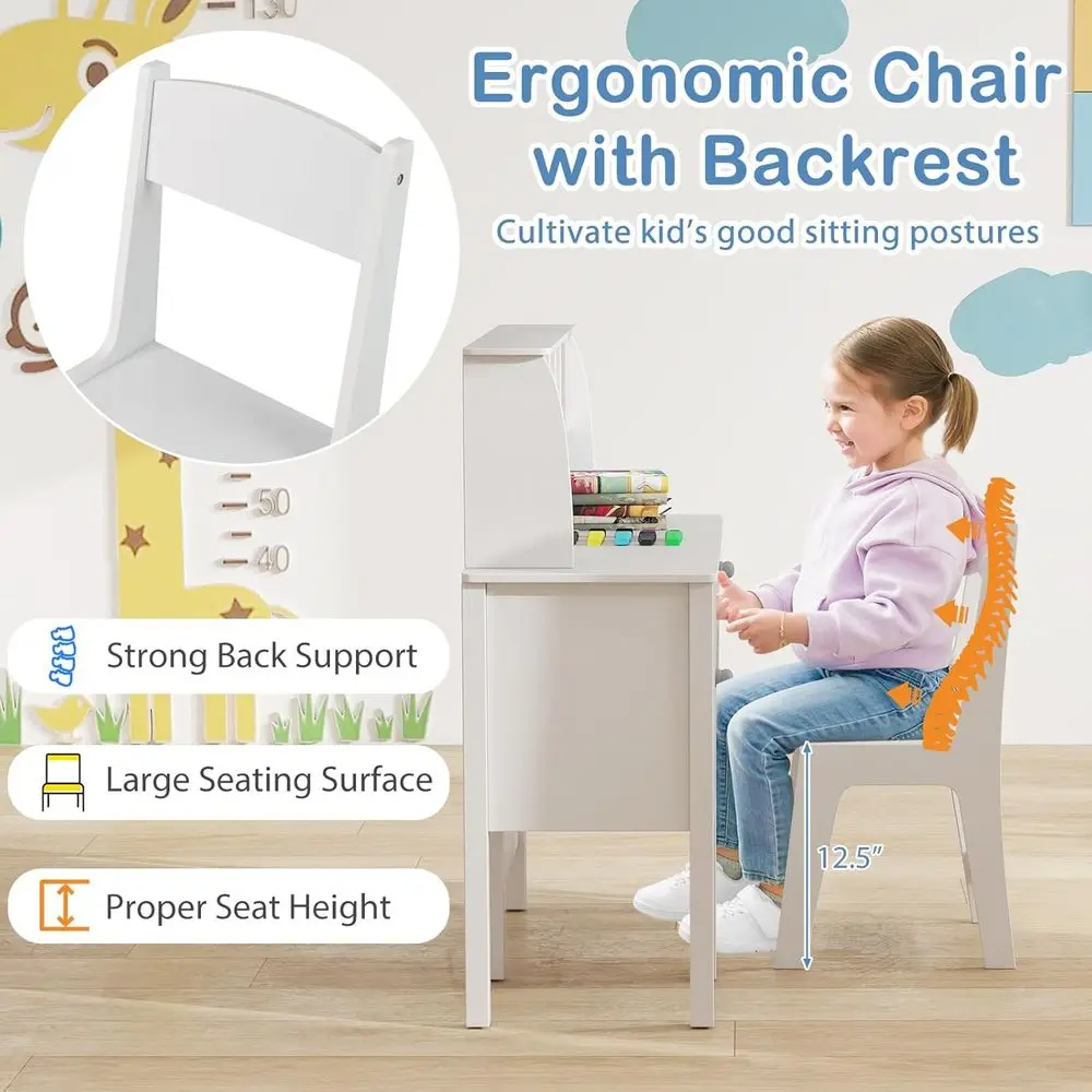 Houten kinderstudeerbureau met hok, grote opbergkast en lade, witte thuisschoolbureau en stoelset voor kinderen vanaf 3 jaar