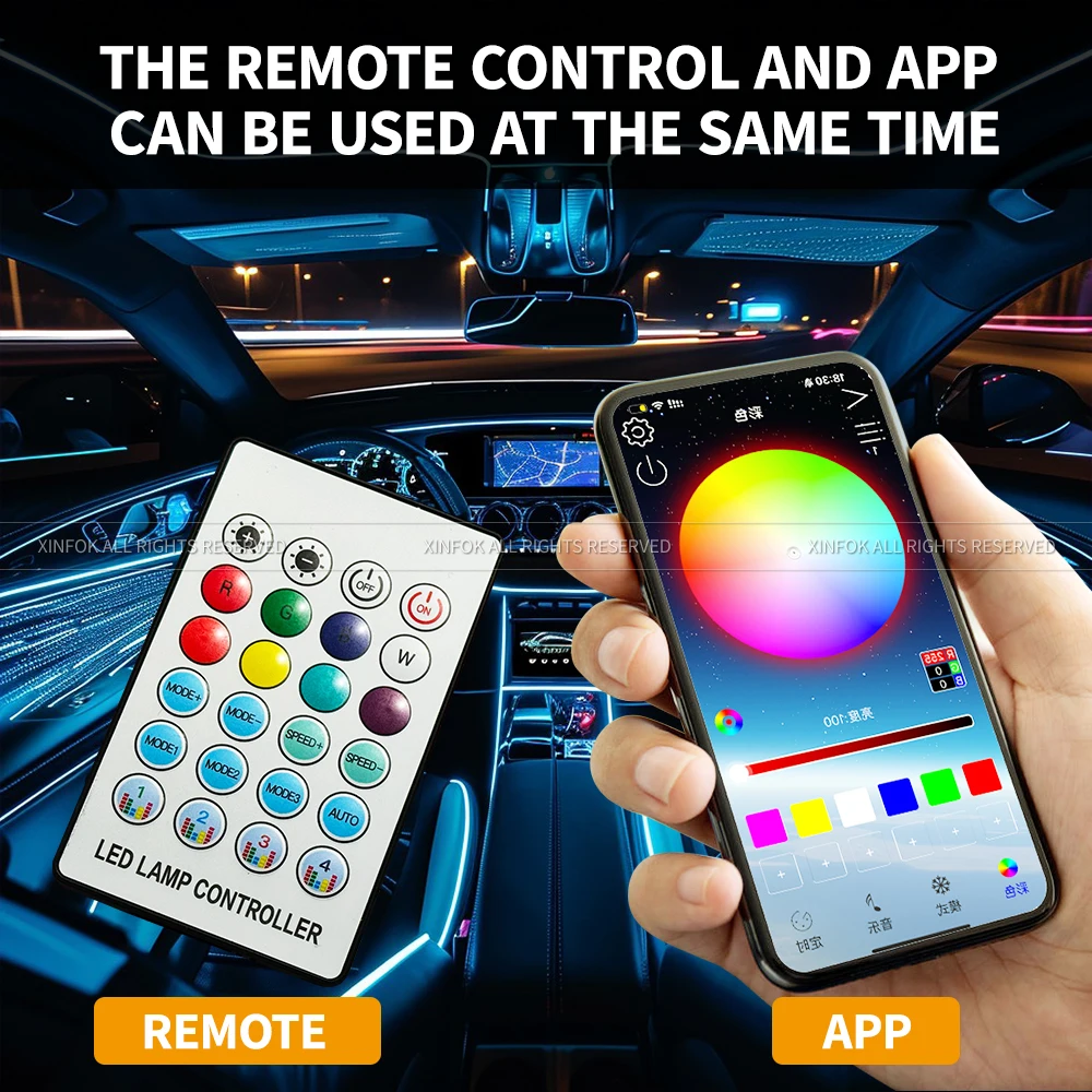 Interior Car LED Strip Lights with Wireless APP and Remote Control RGB 5 in 1 Ambient Lighting Kits with 236 inches Fiber Optic