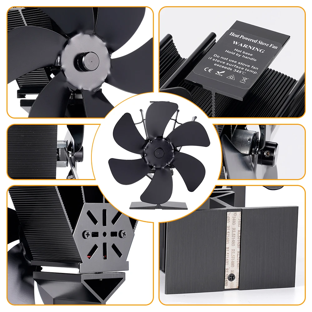 6 Blades Heat Powered Stove Fan Black Fireplace Fan Log Wood Burner Eco-fan Quiet Heater Home Efficient Heat Distribution