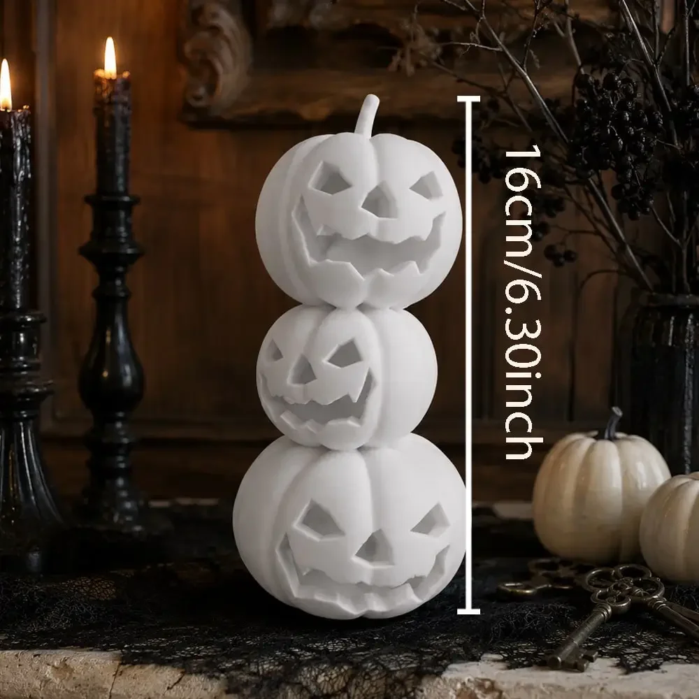Matte Halloween Pumpkin Figurine, Triple Stacked Jack O Lantern Decor With Spooky Carved Faces, Gothic Christmas And Halloween Accent For Mantel, Shelf, Entryway, Bedroom, Living Room, Party Display, Unique Home Decor Gift