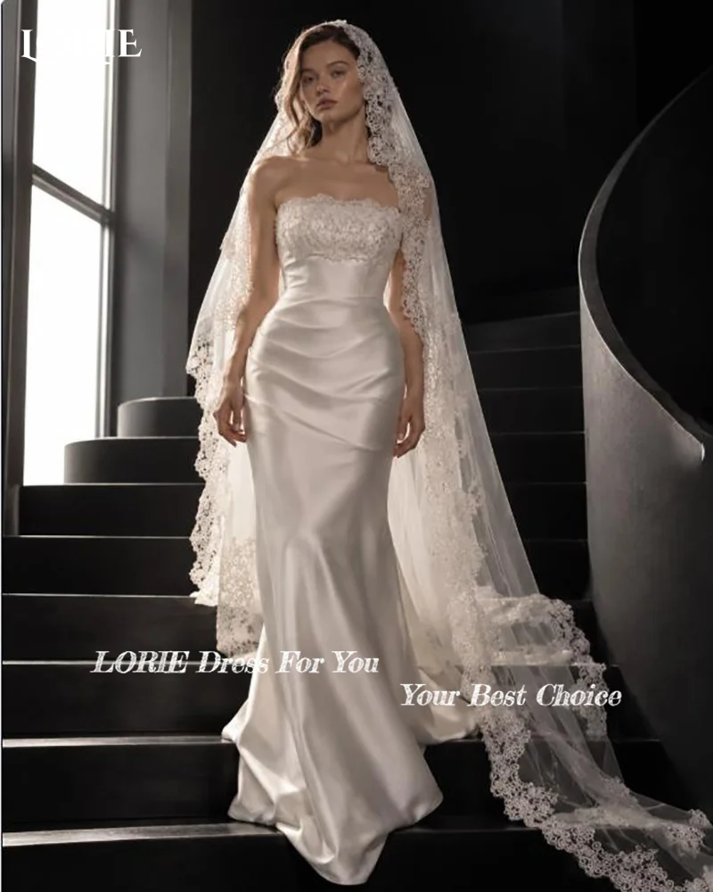 LORIE Satin Wedding Dresses Strapless Pleats Shawl Bridal Gown Sleeveless Crepe Customized Simple Party Gown vestido de noiva