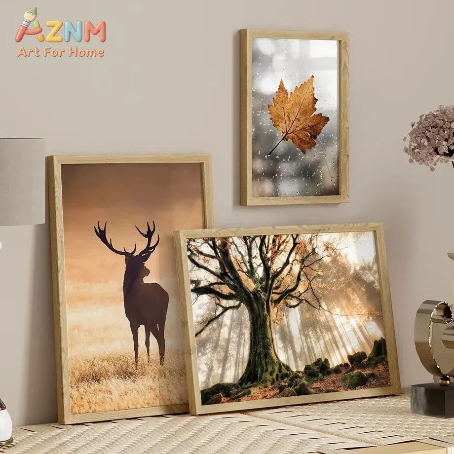 Fall Maple Leaf Deer Fox Rabbit Bird Landscape Wall Art Canvas Painting Nordic Posters and Prints Pictures for Living Room Decor
