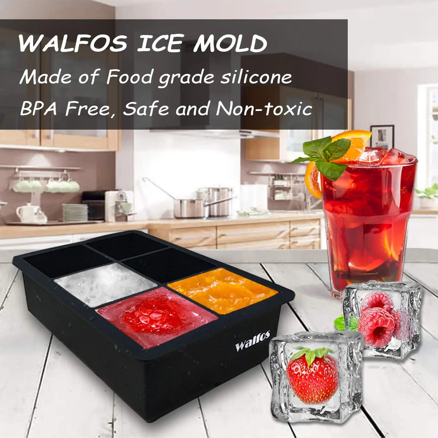 WALFOS Big Ice Cube Tray Food Grade Silicone Mold Ice Cube Maker Mould Ice Mold For Cocktail Whiskey Cooling Kitchen Accessories