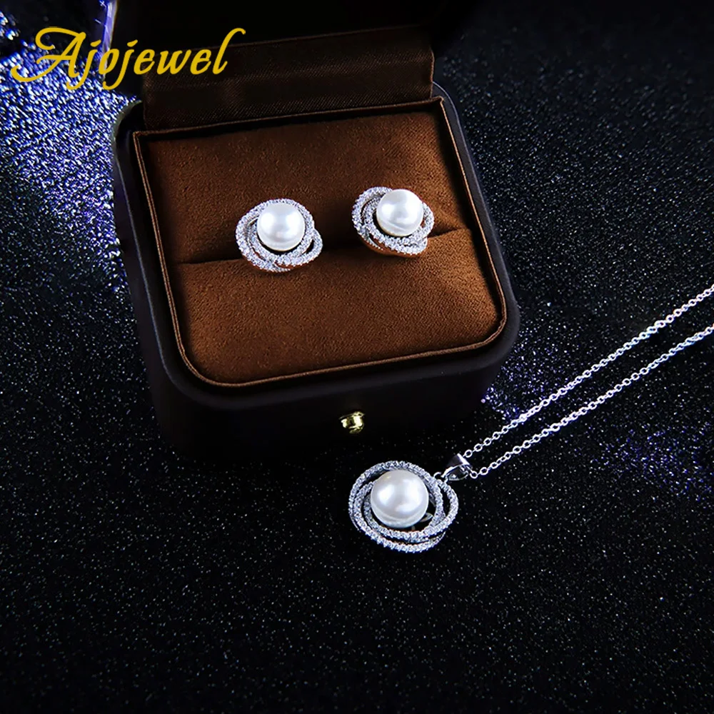 

Ajojewel White Shell Pearl Zircon Jewelry Set For Women Choker Chain Necklace Stud Earrings Mothers Day Gift Free Shipping