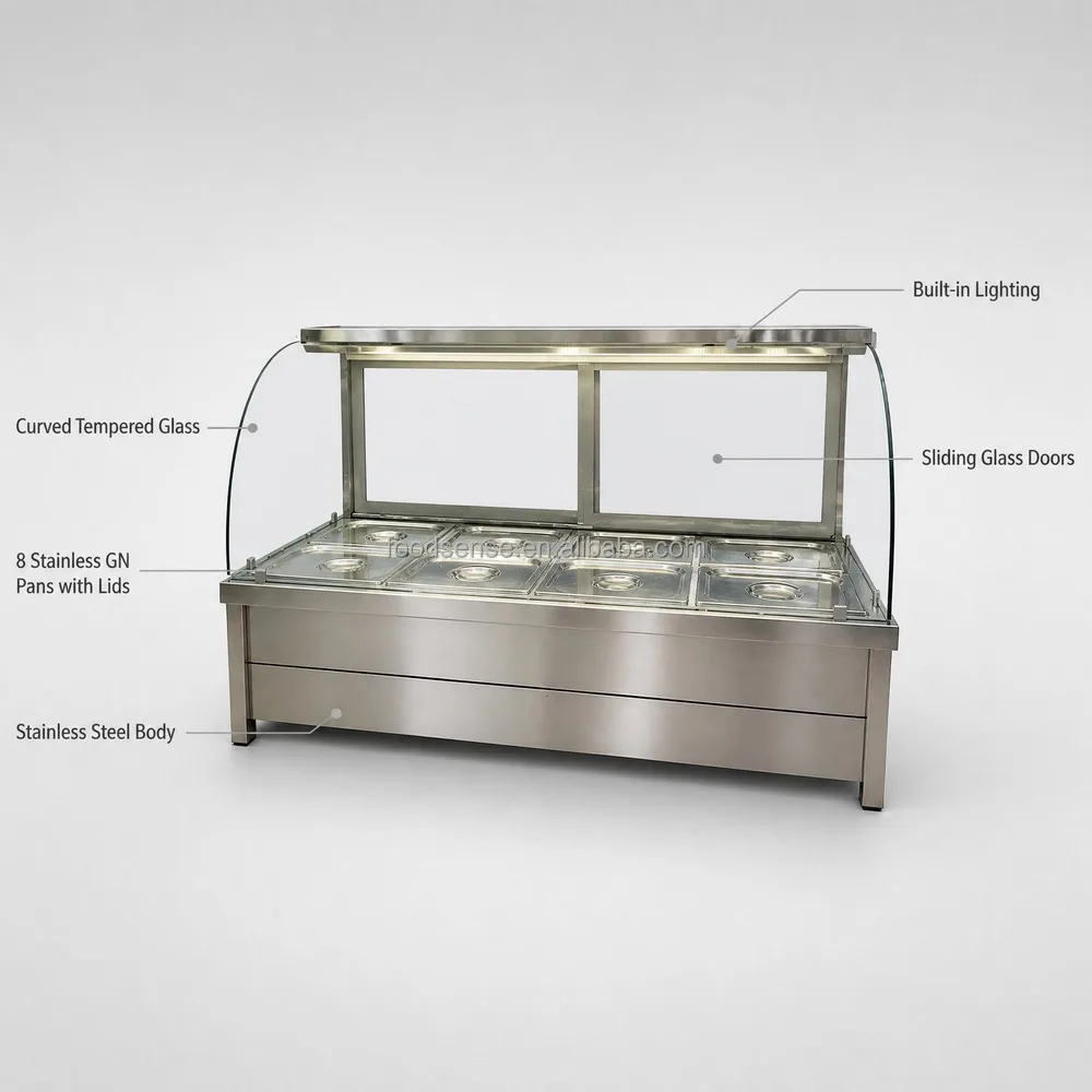 Commercial Electric Food Steam Casserole Table Food Grade Display Stainless Steel Food Warmer 8-pan Buffet Bain Marie