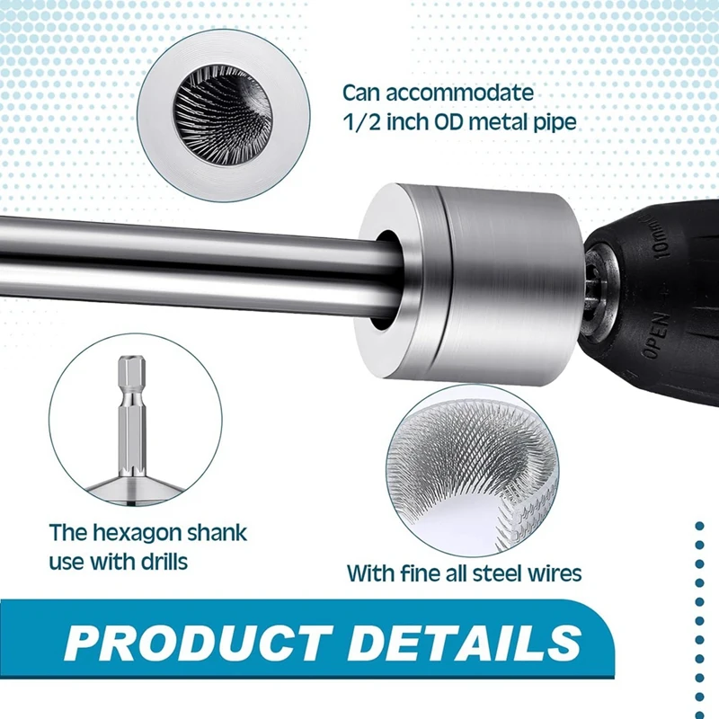 อุปกรณ์ทำความสะอาดท่อทองแดงโลหะขนาด1/2นิ้วพร้อมแปรงเปลี่ยนได้1หลอดแปรงทำความสะอาดท่อสำหรับสว่านไฟฟ้า