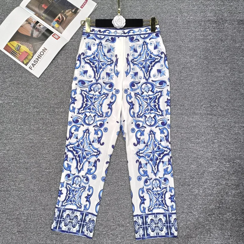 JUNLINNA 2022 Autumn New Women Pants Suit Batwing Sleeve T-shirt+Pencil Trousers White & Blue Porcelain Printed Two Piece Sets