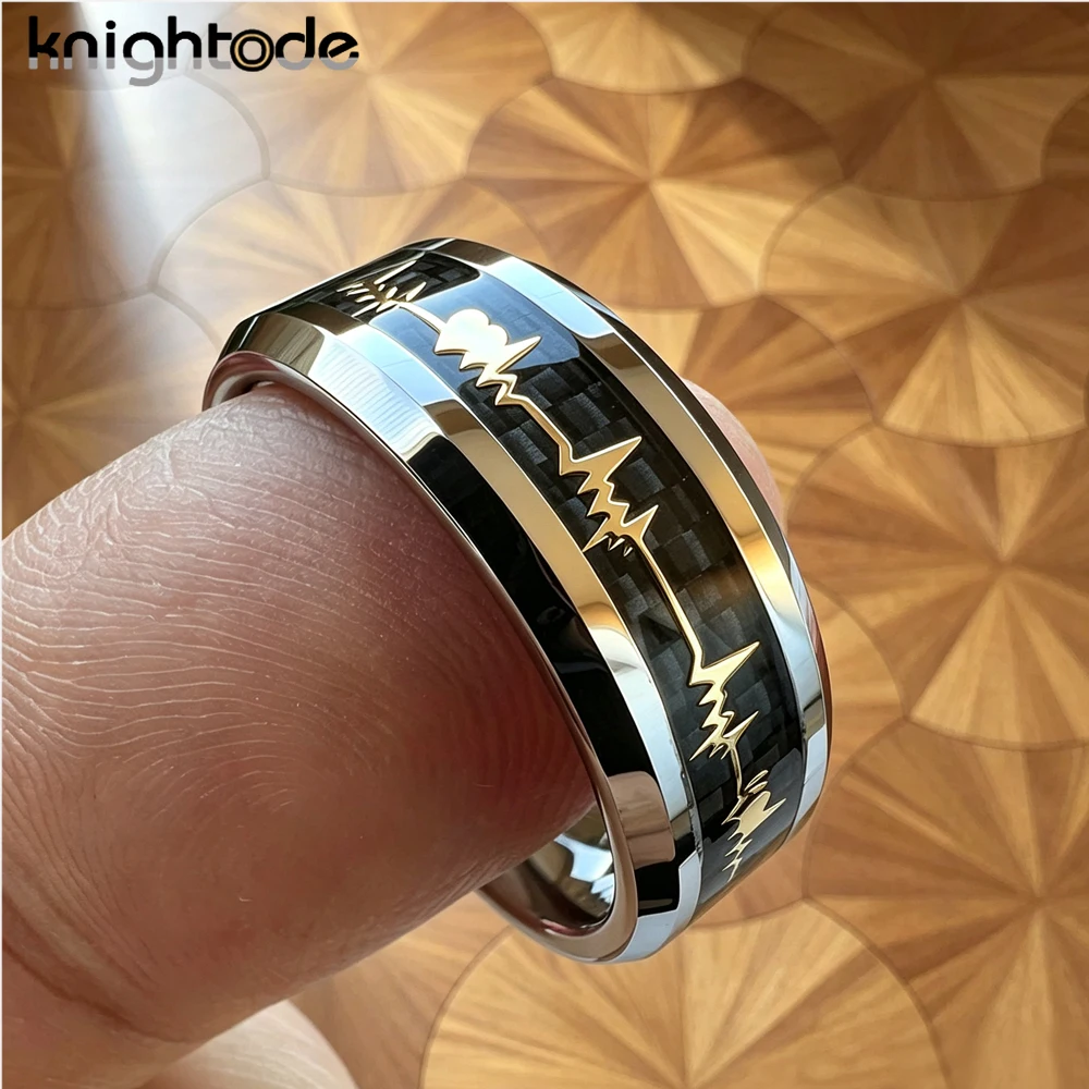 8mm Tungsten Carbide Ring with Carbon Fiber Inlay Gold Plated EKG Heartbeat Design Wedding Band for Men And Women Anniversary view 6
