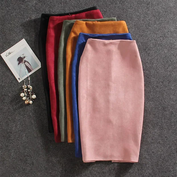 Women Skirts Suede Split Thick Stretchy Skirt Female Pencil Skirts  Jupe Femme Faldas Mujer