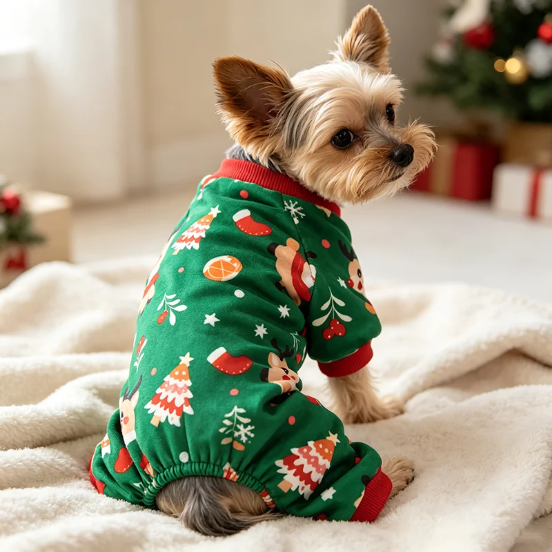 Weihnachtsbaum- und Elch-Hundepyjama, Weihnachtskleidung für kleine Hunde (Jungen und Mädchen), Feiertags-Haustier-Outfit, Hundeschlafanzug, Haustier-Loungewear – Detail 4
