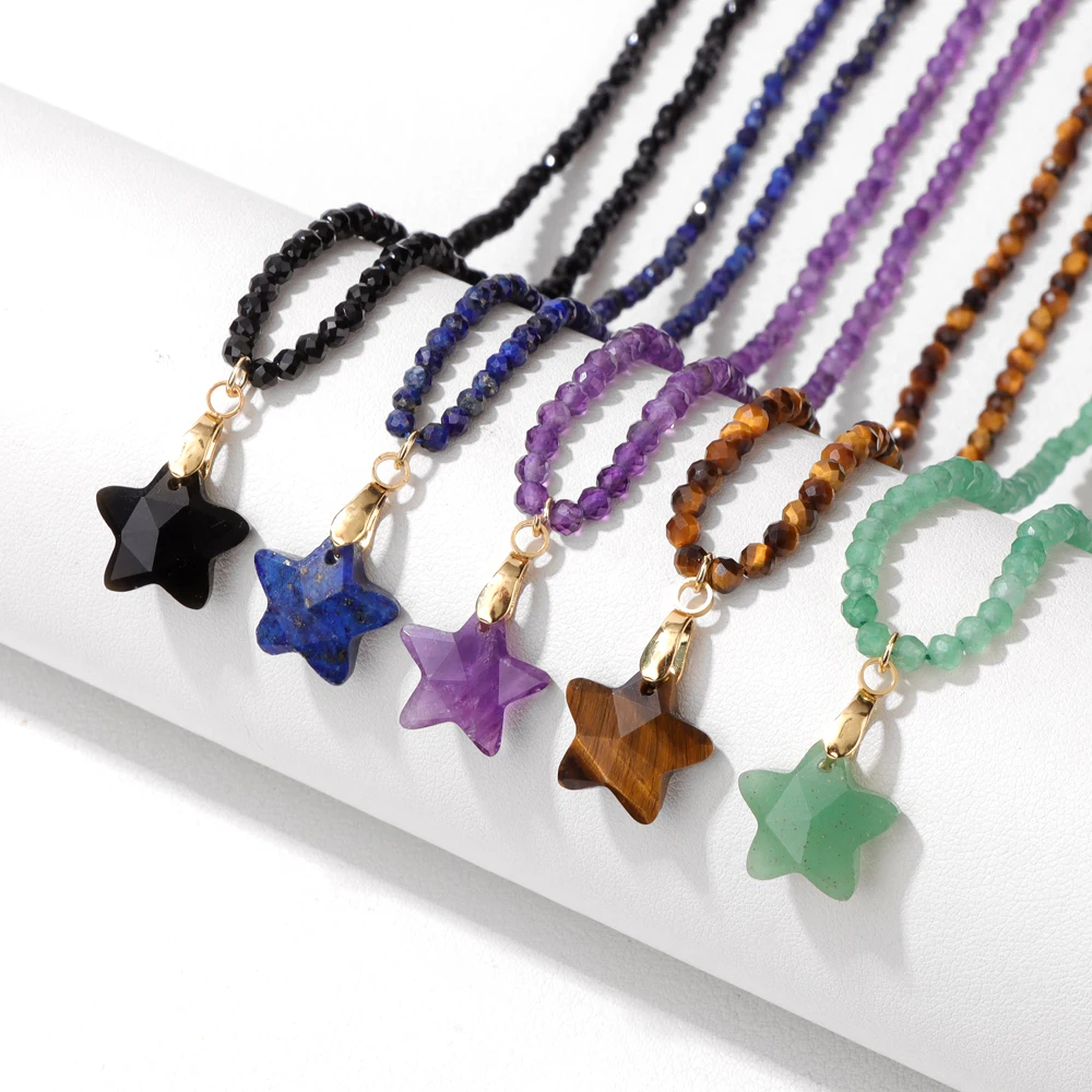 Five-Pointed Star Stone Pendent Necklace Faceted Lapis Lazuli Small Stone Bead Necklace Fashion Reiki Party Wedding Jewelry Gift