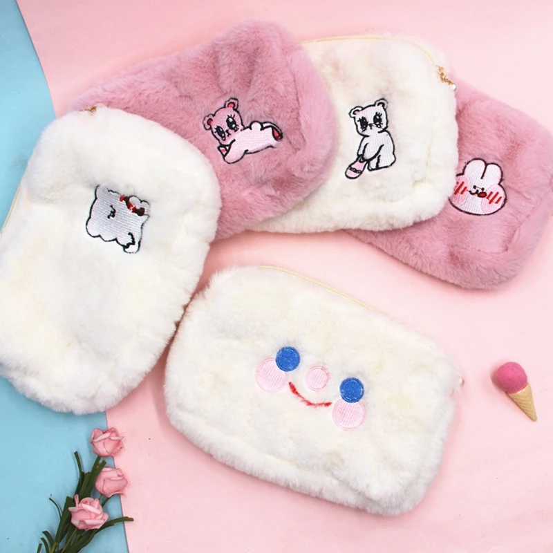 Curtoon Bunny Dog Fur Makeup Bags with Imitation Pearl for Women Soft Travel Cosmetic Bag Organizer Case Girls Make Up Case