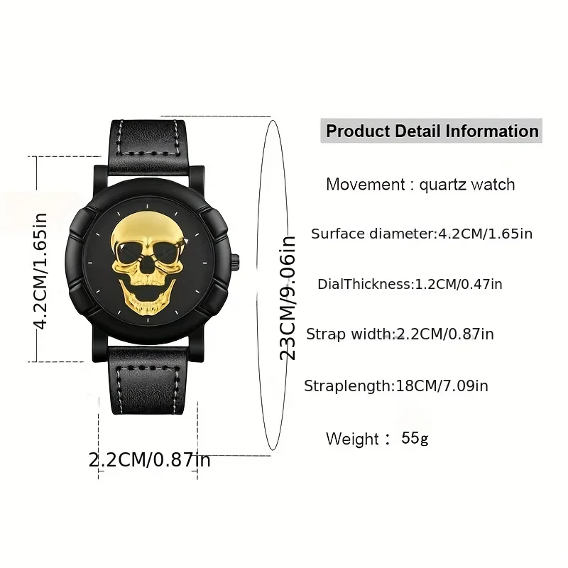 Golden Skull Pattern Pointer Round Quartz Watch With PU Leather Strap For Men