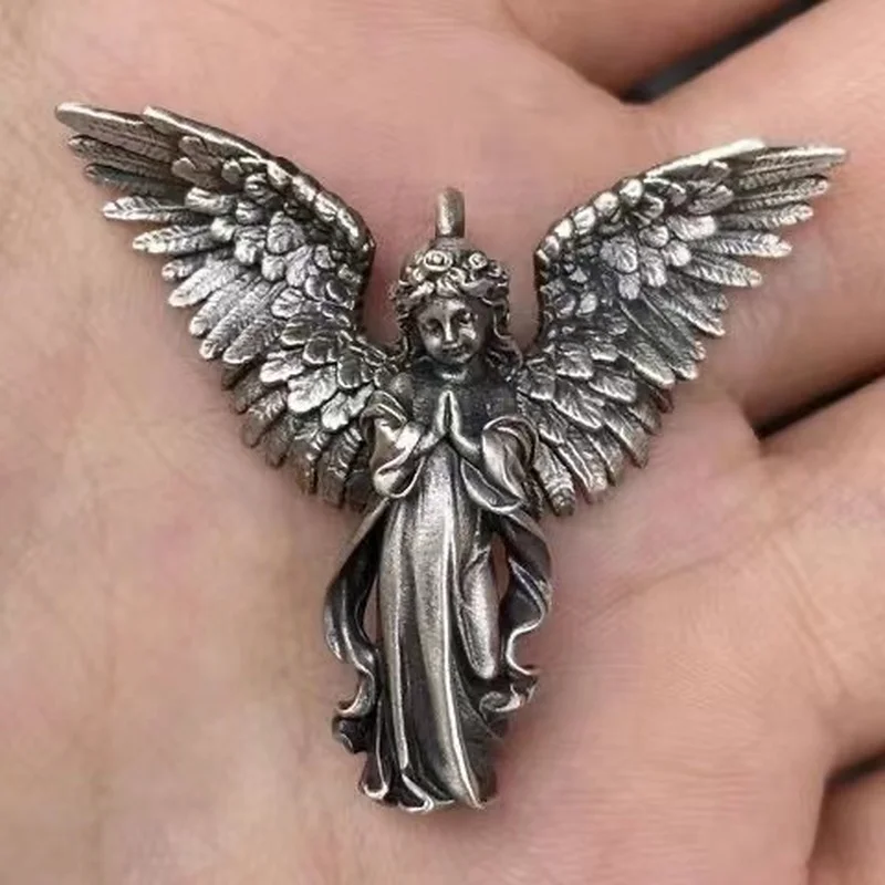 Vintage Gold color Wings Silver Color Angel Girl Distressed Pendant Necklace Charm Prayer Amulet Angel Girl Necklace